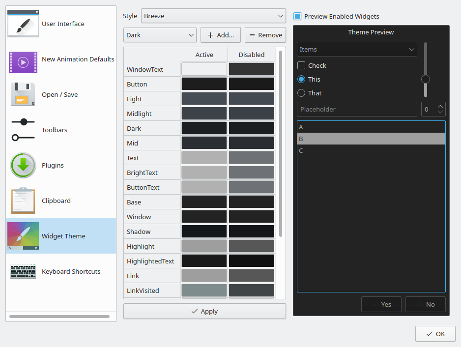 settings dialog