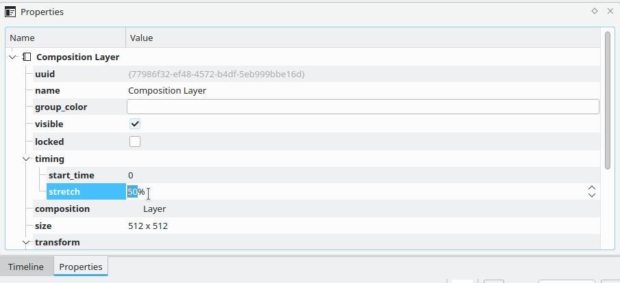 Property tree showing the stretched layer time